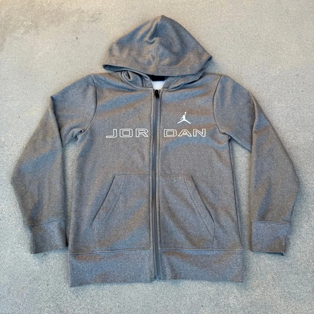 Jordan Boys Grey Heather Full Zip Fleece Hoodie Jumpman Logo Size 10 9-10 Years